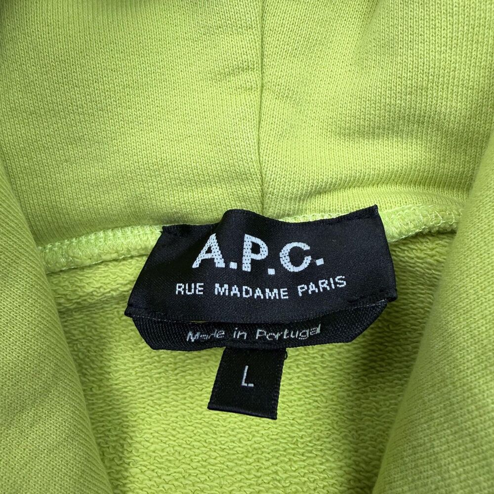 A.P.C. Hoodie Mens Large Lime Green Organic Cotton Logo Fleece Pullover - Picture 4 of 11